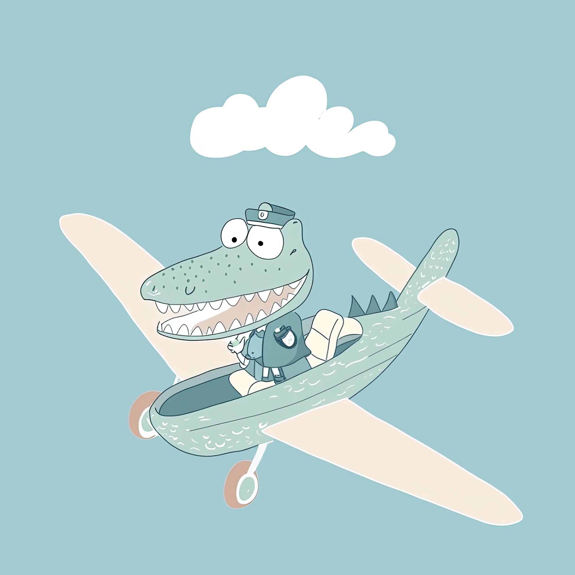 Volledige illustratie van een cartoonkrokodil als piloot in een lichtblauw vliegtuig onder een wolkje, op een effen achtergrond.
