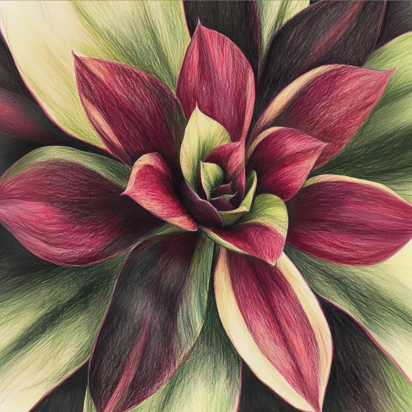 Kunstwerk van gestileerde bloem in karmijnrood en groentinten met grafische diepte
