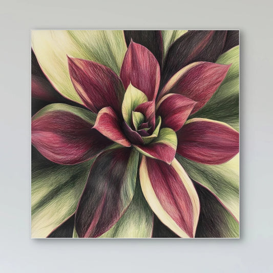 Detail van bloembladeren in rood, donkergroen en lichtgeel met realistische tekening en zachte textuur
