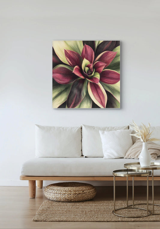 Wandkunst met bloem in karmijnrood en groen in modern interieur met witte bank en natuurlijke accenten