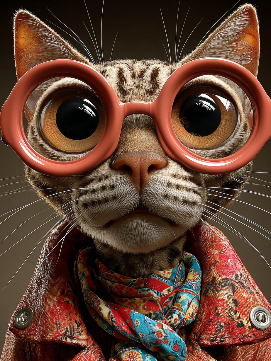 Volledige weergave van Briljant met kat in bril en jas met sjaal  
