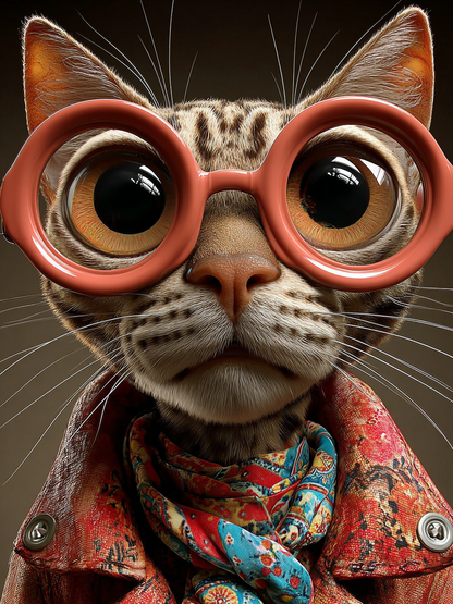 Volledige weergave van Briljant met kat in bril en jas met sjaal  
