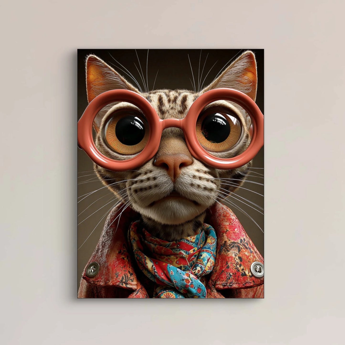 Detailopname van Briljant met kat, grote bril en kleurrijke sjaal  
