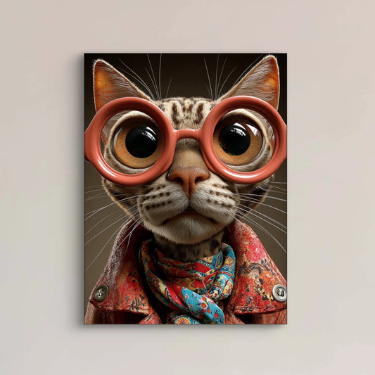 Detailopname van Briljant met kat, grote bril en kleurrijke sjaal  
