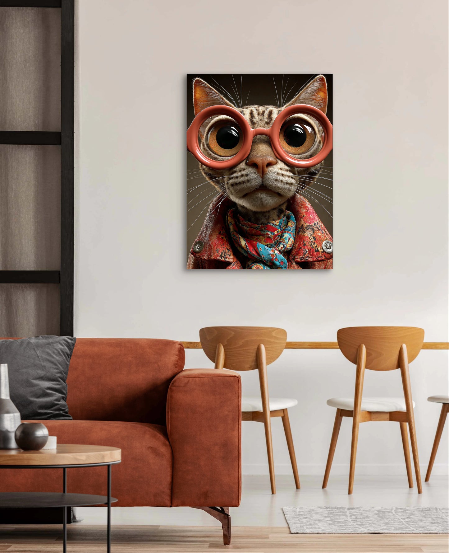 Mock-up van Briljant aan de muur boven een bruine bank en houten stoelen  