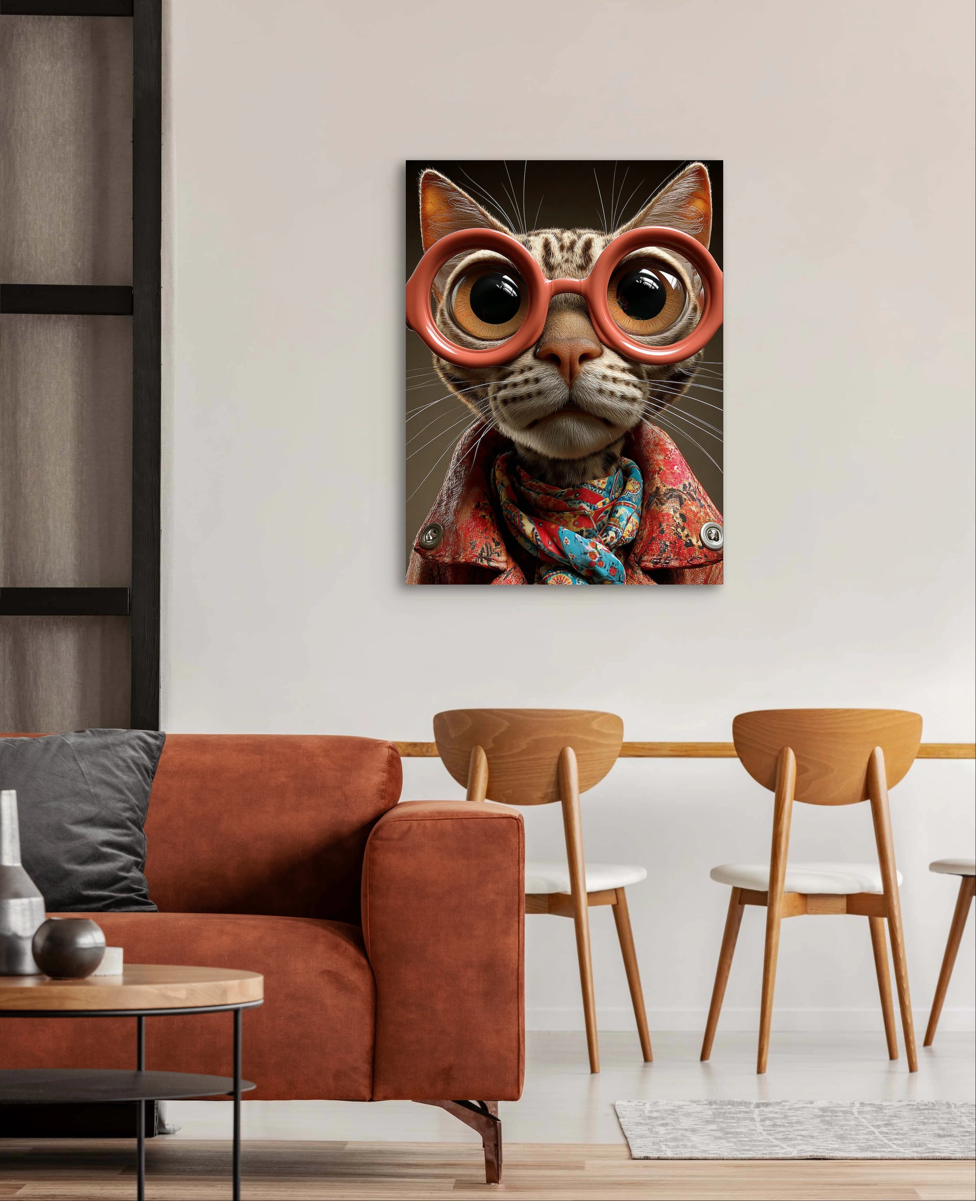 Mock-up van Briljant aan de muur boven een bruine bank en houten stoelen  