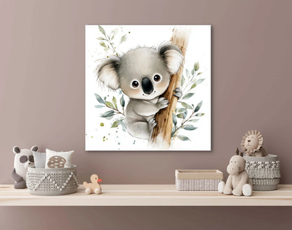 Mock-up van kinderkamer met kunstwerk van een koala in boom, boven een houten plank met speelgoed en mandjes in zachte aardetinten.
