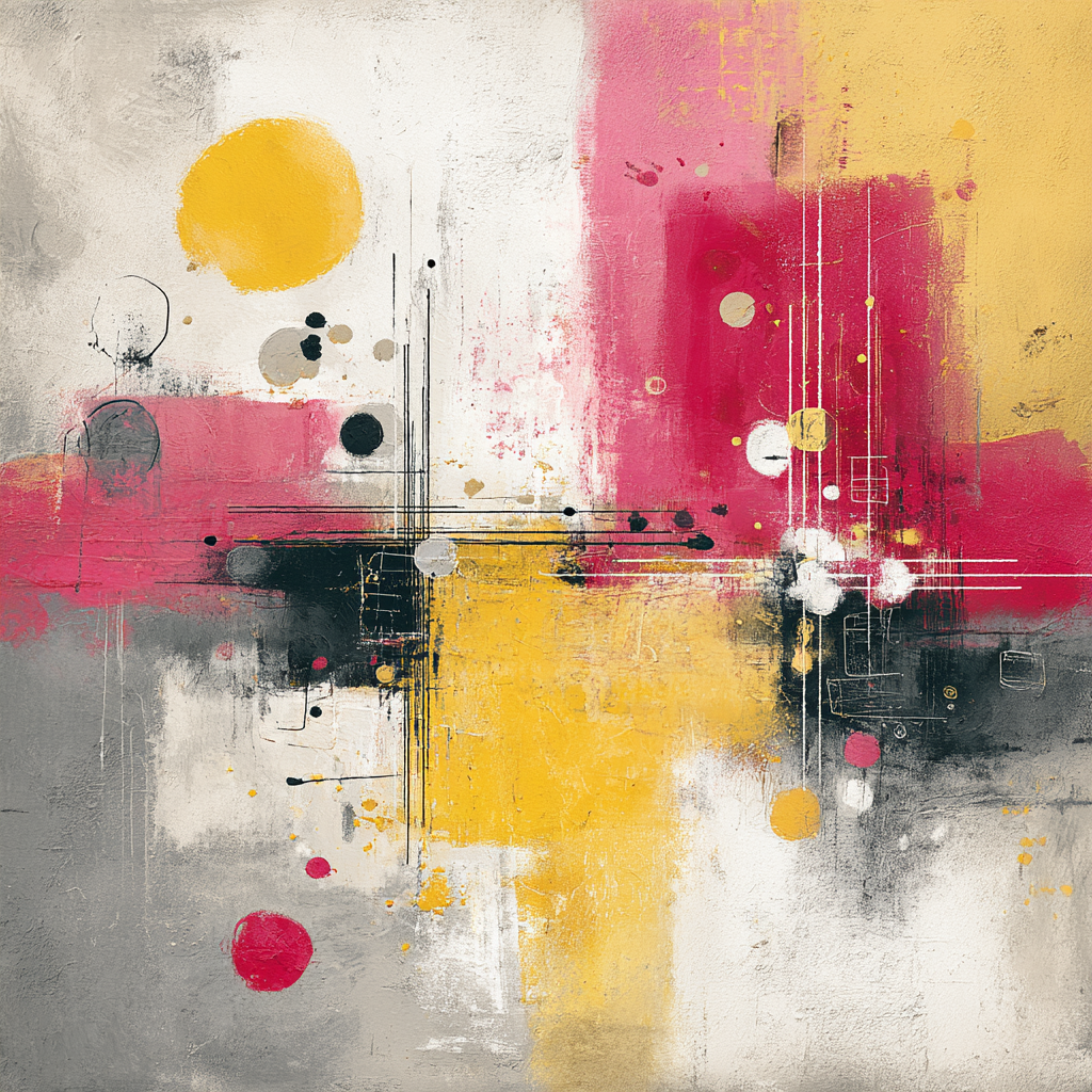 Volledige weergave van abstract schilderij Kleurenbalans met speelse contrasten tussen warme en koele kleuren
