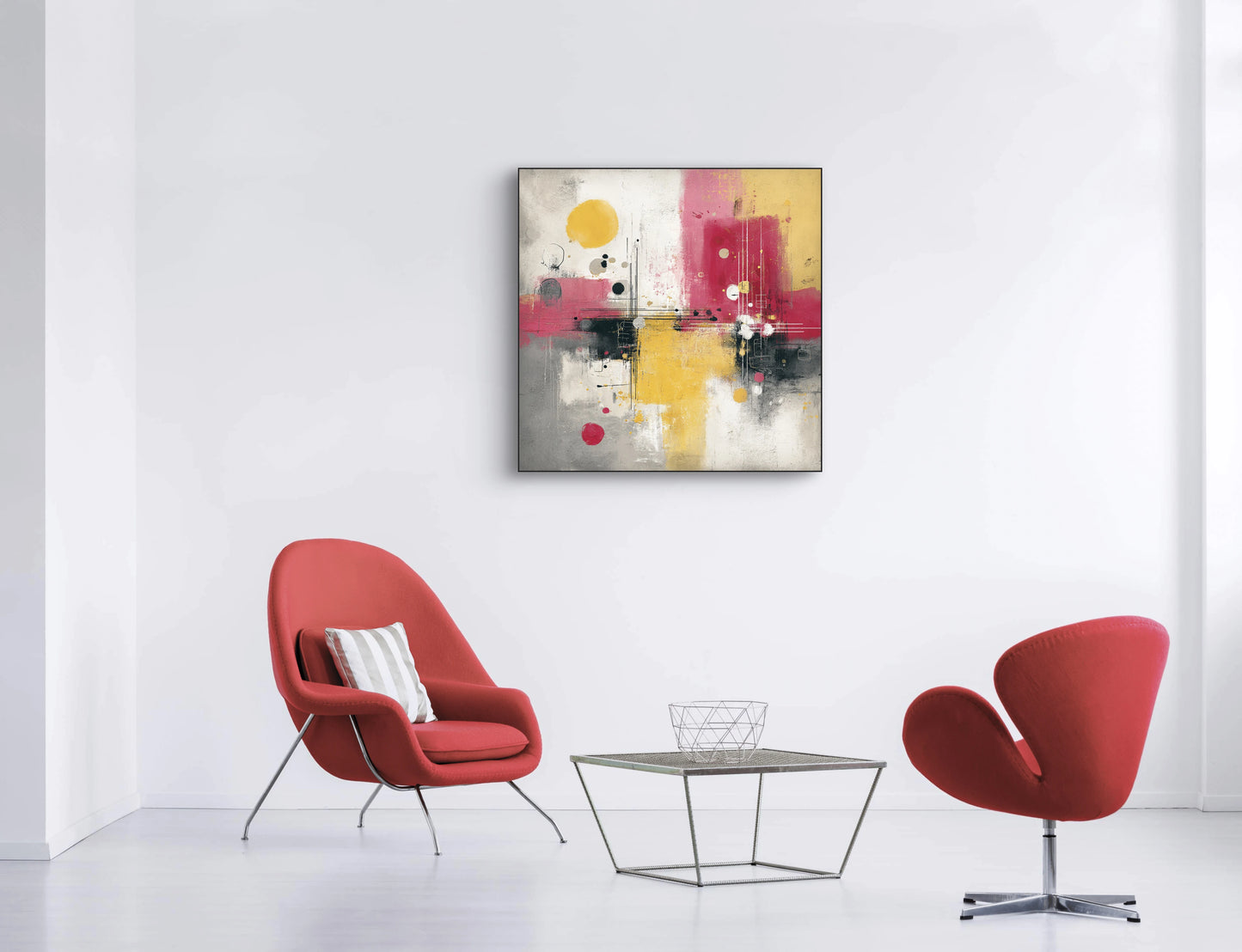 Abstract schilderij Kleurenbalans met roze, geel en grijze tinten boven moderne stoelen in een licht interieur
