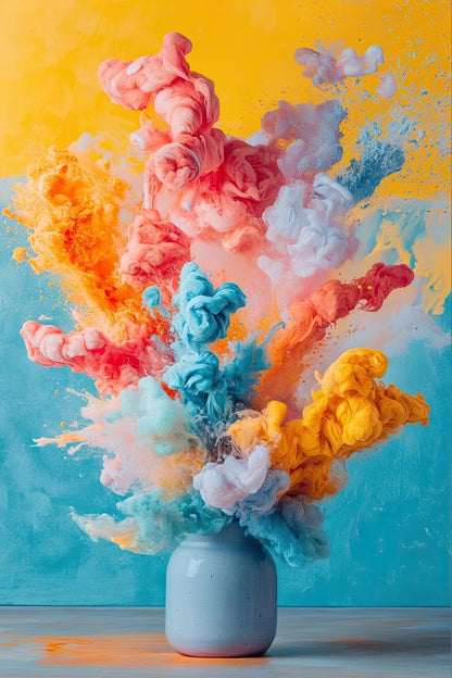 Volledige weergave van Kleurenexplosie met kleurrijke rookwolken in pastel en neonkleuren op blauwe achtergrond
