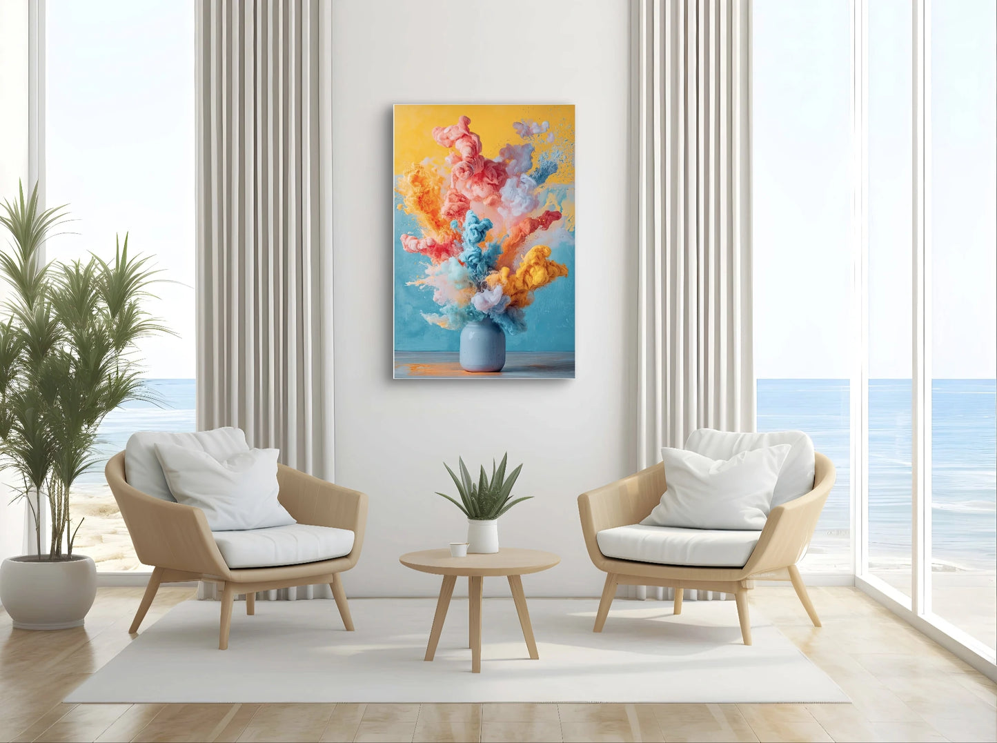 Textielkunstwerk Kleurenexplosie in een lichte zithoek met uitzicht op zee en moderne stoelen
