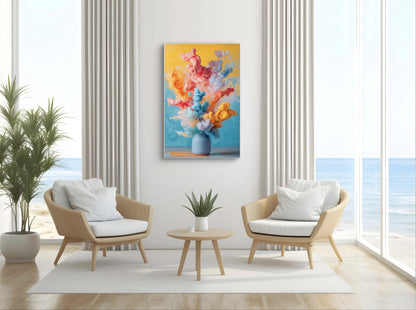 Textielkunstwerk Kleurenexplosie in een lichte zithoek met uitzicht op zee en moderne stoelen
