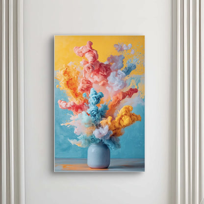 Detail van Kleurenexplosie met felroze, oranje, blauw en gele kleurwolken uit vaas
