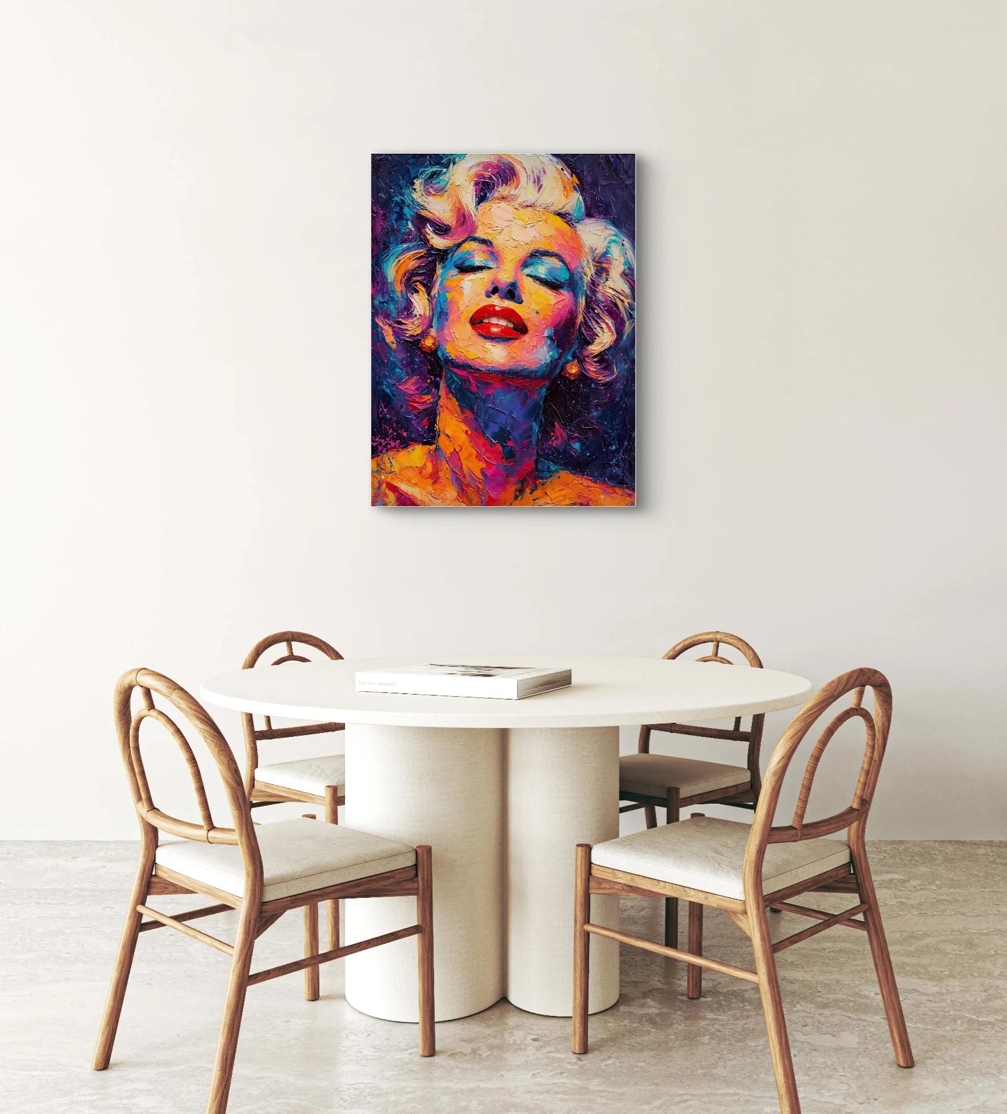 Textielkunstwerk Kleurrijke Diva boven een ronde eettafel in een lichte ruimte  
