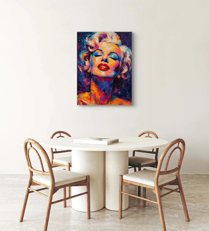 Textielkunstwerk Kleurrijke Diva boven een ronde eettafel in een lichte ruimte  
