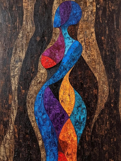 Volledige afbeelding van moderne muurkunst met abstracte vrouwelijke figuur in krachtige kleuren
