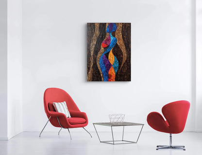 Abstracte wanddecoratie met vrouwelijke vormen in blauw, oranje, paars en rood in modern wit interieur met rode stoelen

