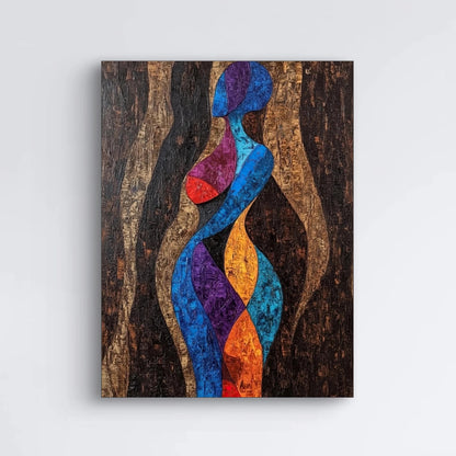 Detail van kleurrijke abstracte figuur opgebouwd uit fragmenten in felle tinten op donkere ondergrond
