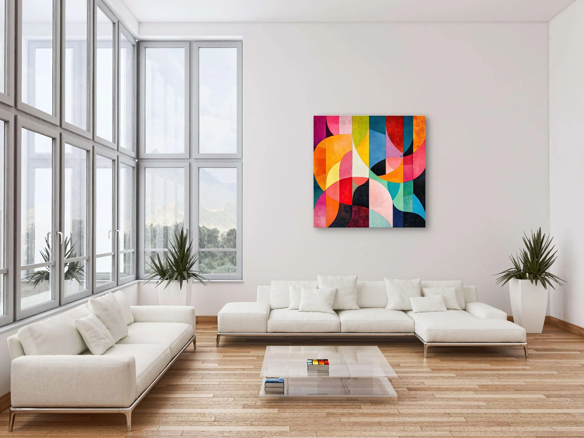 Abstracte wanddecoratie in roze, blauw, geel en turquoise in modern licht interieur met witte banken
