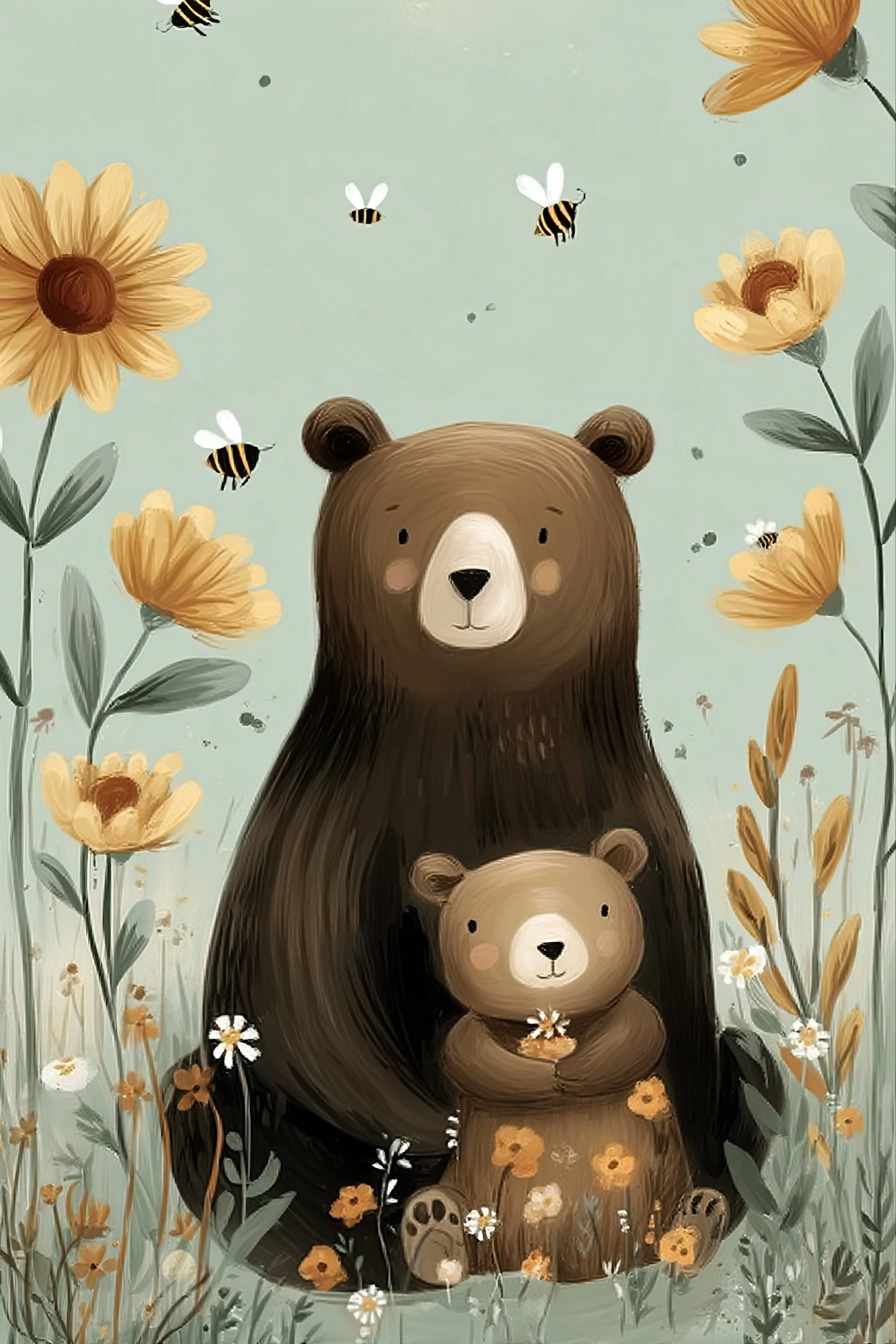 Volledige illustratie van een moederbeer met haar kleintje in een bloemenveld met zonnebloemen en bijen op een mintgroene achtergrond.
