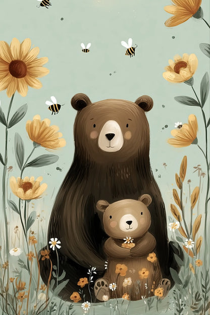 Volledige illustratie van een moederbeer met haar kleintje in een bloemenveld met zonnebloemen en bijen op een mintgroene achtergrond.
