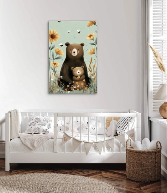 Mock-up van babykamer met kunstwerk van twee beren tussen bloemen aan de muur boven een wit kinderbedje in een sfeervol ingericht interieur.
