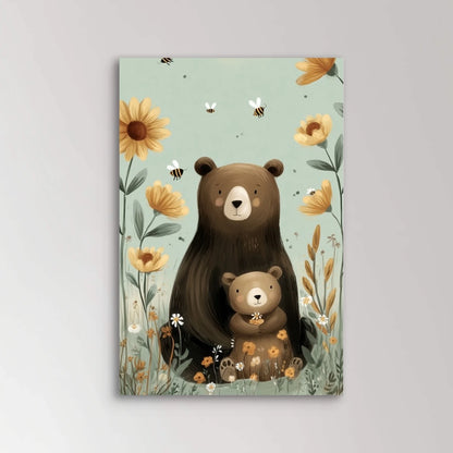 Detailweergave van een moederbeer en babybeer tussen zonnebloemen en bijen, met warme kleuren en zachte lijnen.
