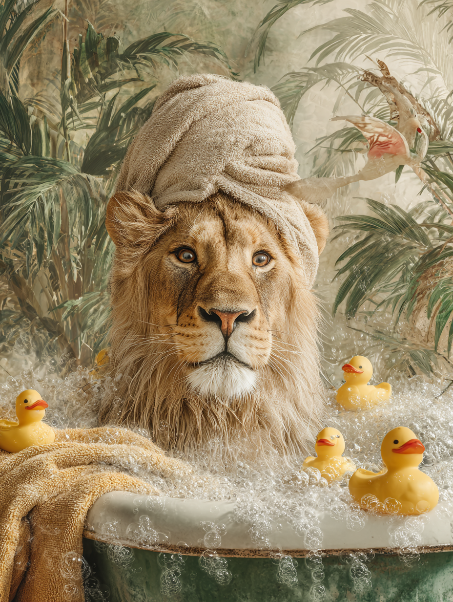 Volledige weergave van Koning in Rust met leeuw in badscène  
