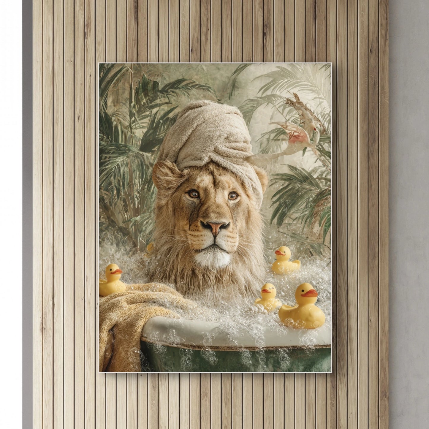 Detailopname van Koning in Rust met leeuw in bad met handdoek en badeendjes  
