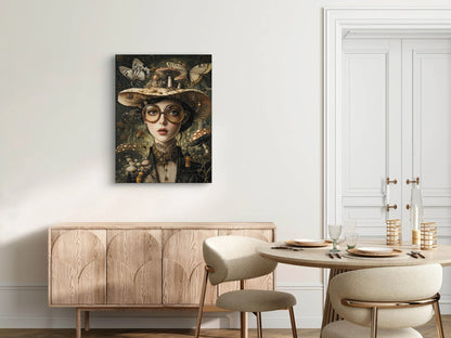 Textielkunstwerk Koningin van het Woud boven een houten kast in een elegante eethoek  
