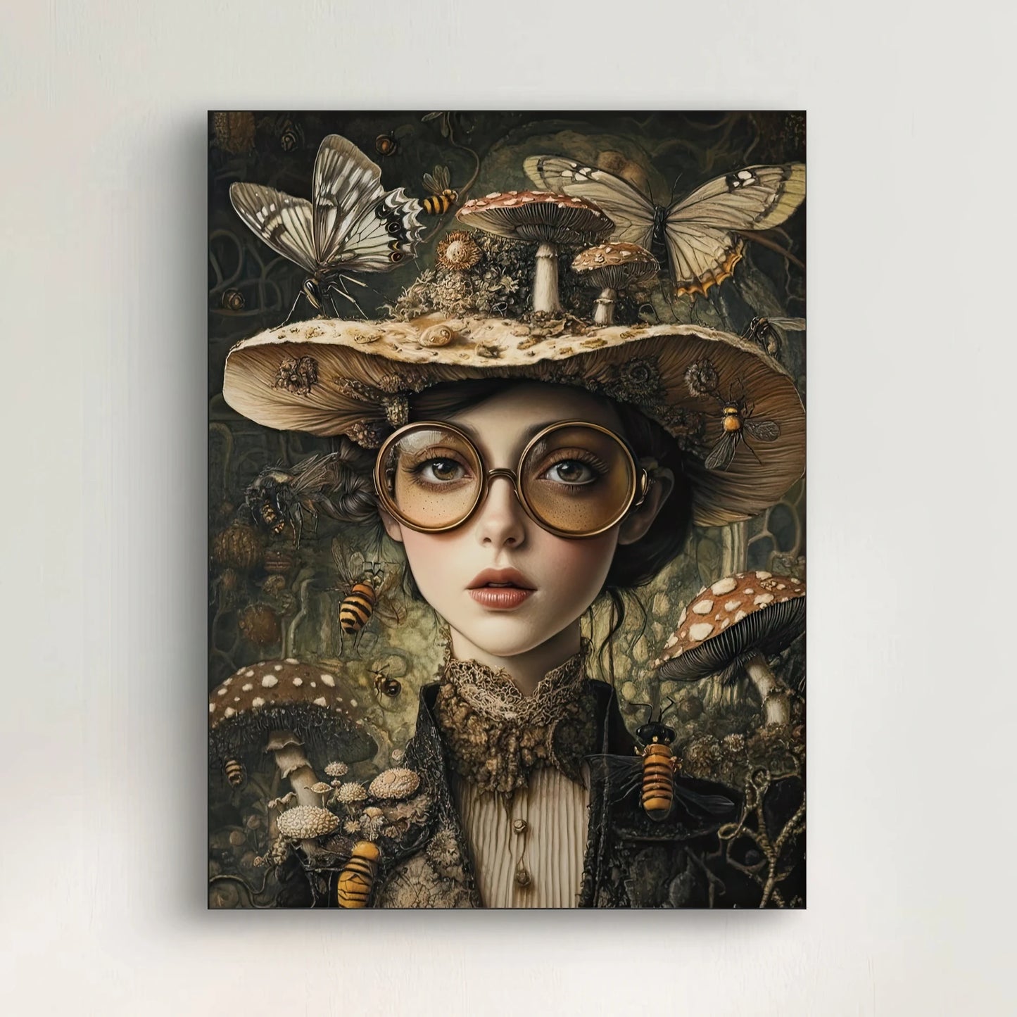 Detail van het gezicht met bril en insecten uit Koningin van het Woud  
