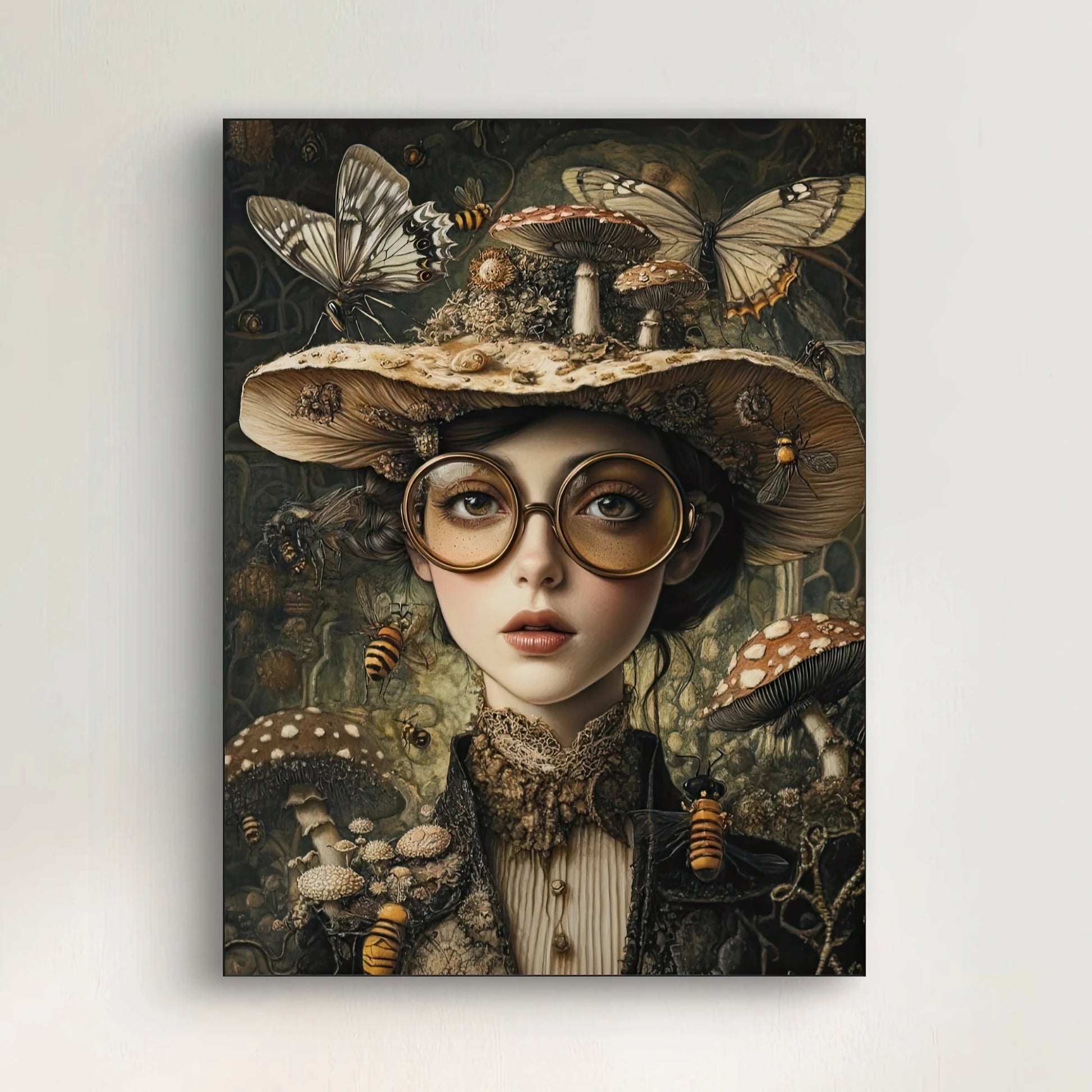 Detail van het gezicht met bril en insecten uit Koningin van het Woud  
