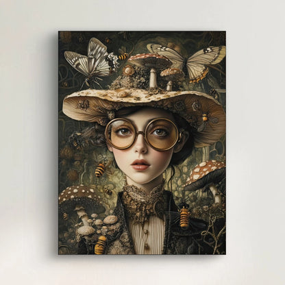 Detail van het gezicht met bril en insecten uit Koningin van het Woud  
