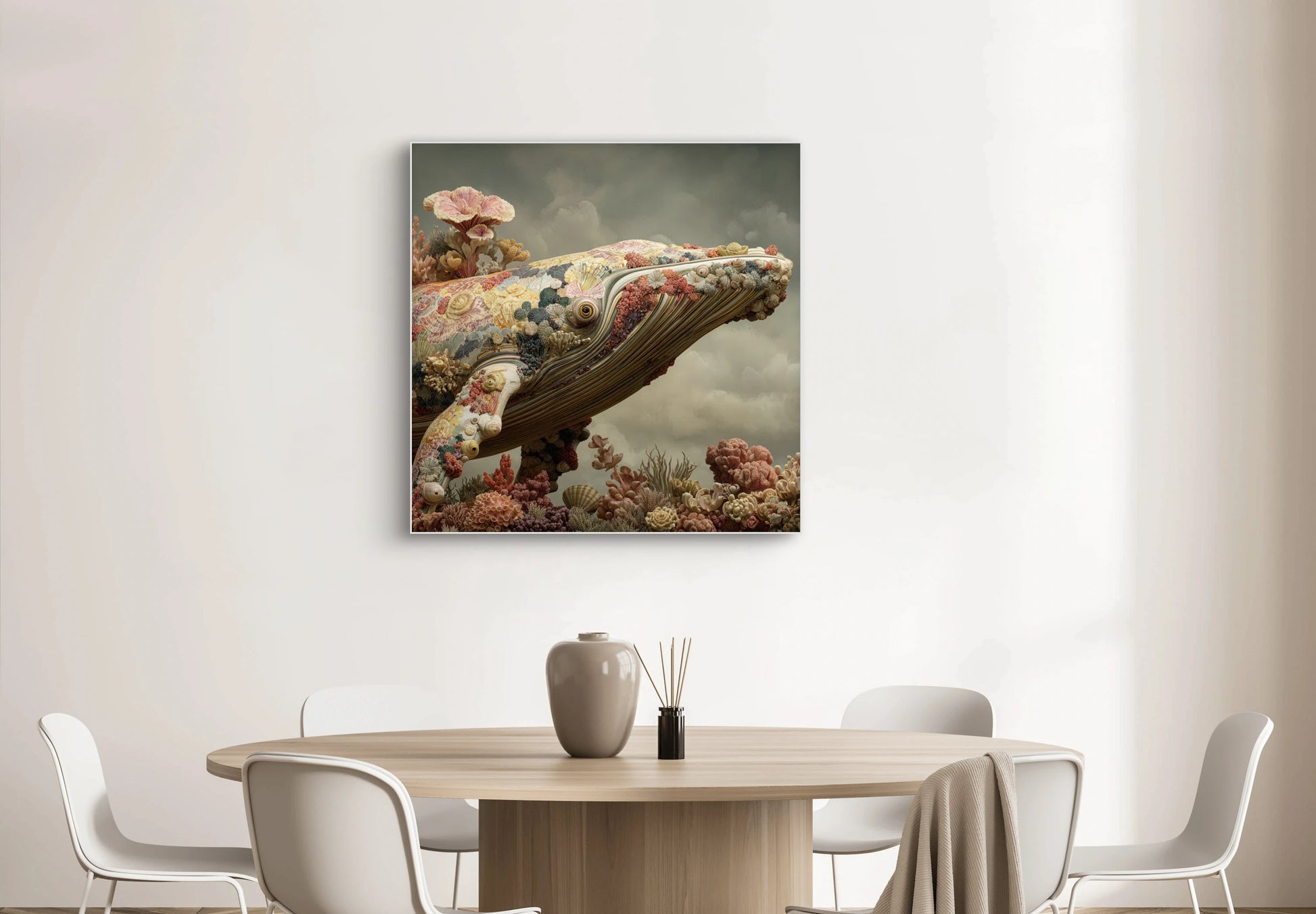 Mock-up van Koraaldroom aan de muur boven een ronde eettafel met stoelen  
