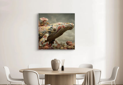 Mock-up van Koraaldroom aan de muur boven een ronde eettafel met stoelen  
