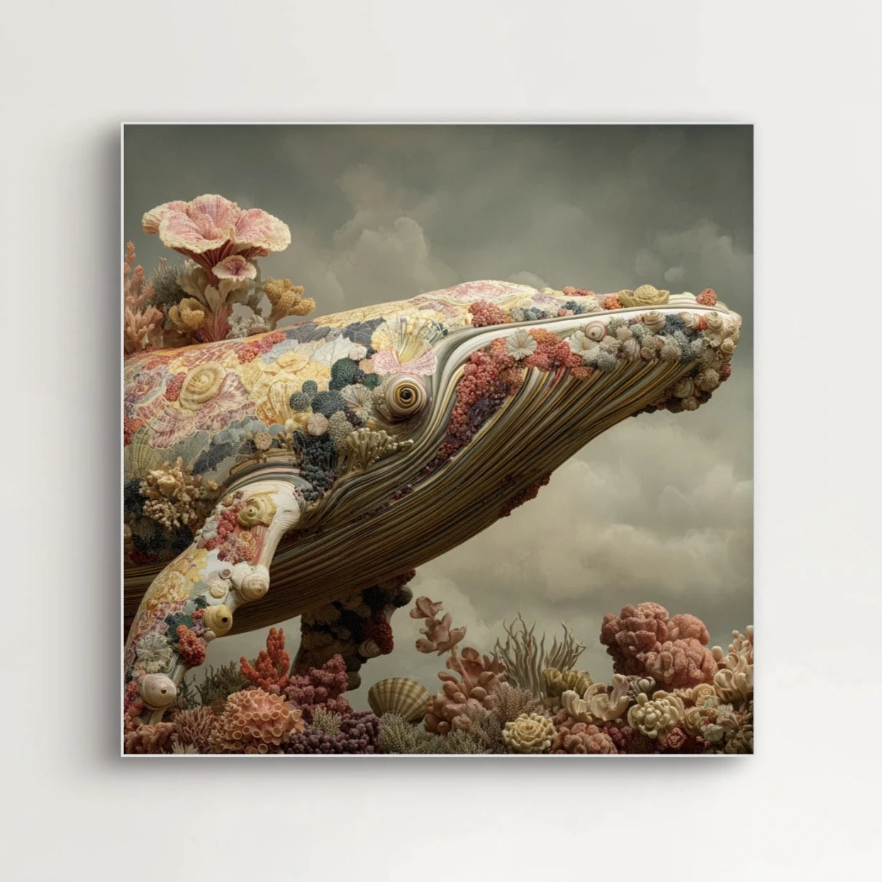 Detailopname van Koraaldroom met walvis bedekt met koraal en bloemen  
