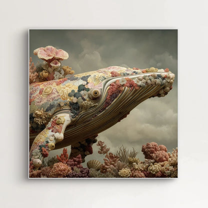 Detailopname van Koraaldroom met walvis bedekt met koraal en bloemen  
