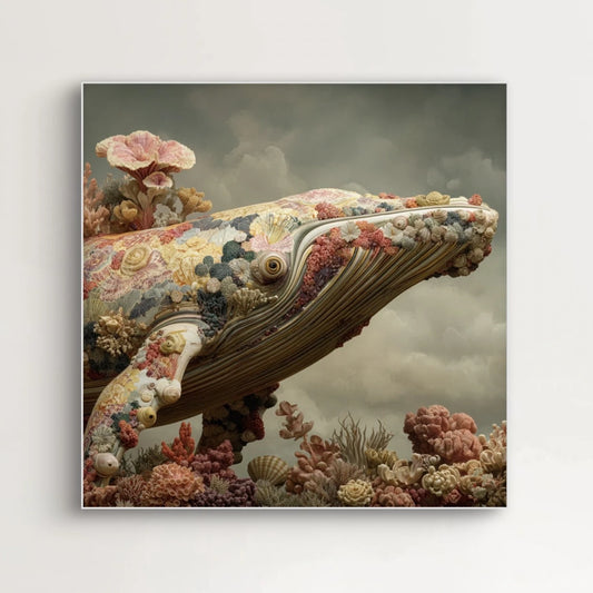 Detailopname van Koraaldroom met walvis bedekt met koraal en bloemen  
