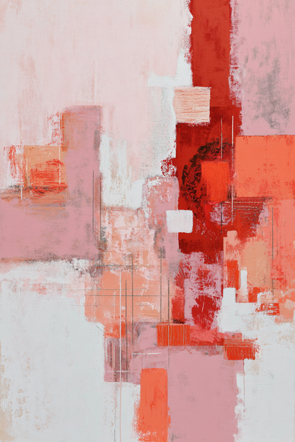 Abstract schilderij in warme koraal en roze tinten met speelse balans en zachte gloed
