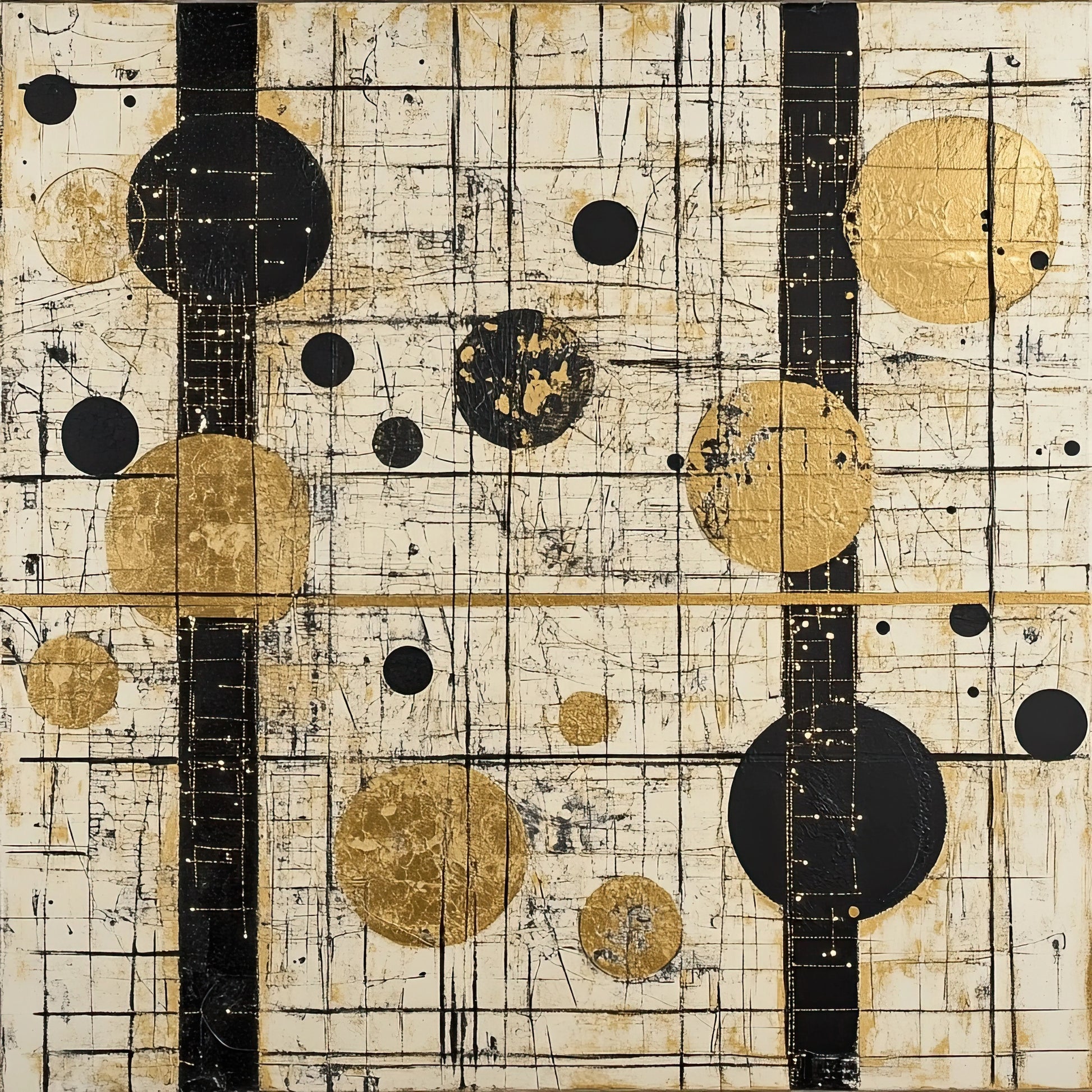 Volledige afbeelding van luxe wandkunst met geometrische cirkels en lijnen in zwart en goud
