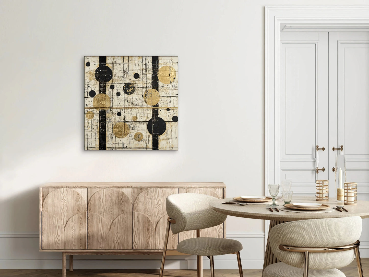 Moderne wanddecoratie in goud, zwart en crème met grafische cirkels in een elegant interieur met ronde eettafel
