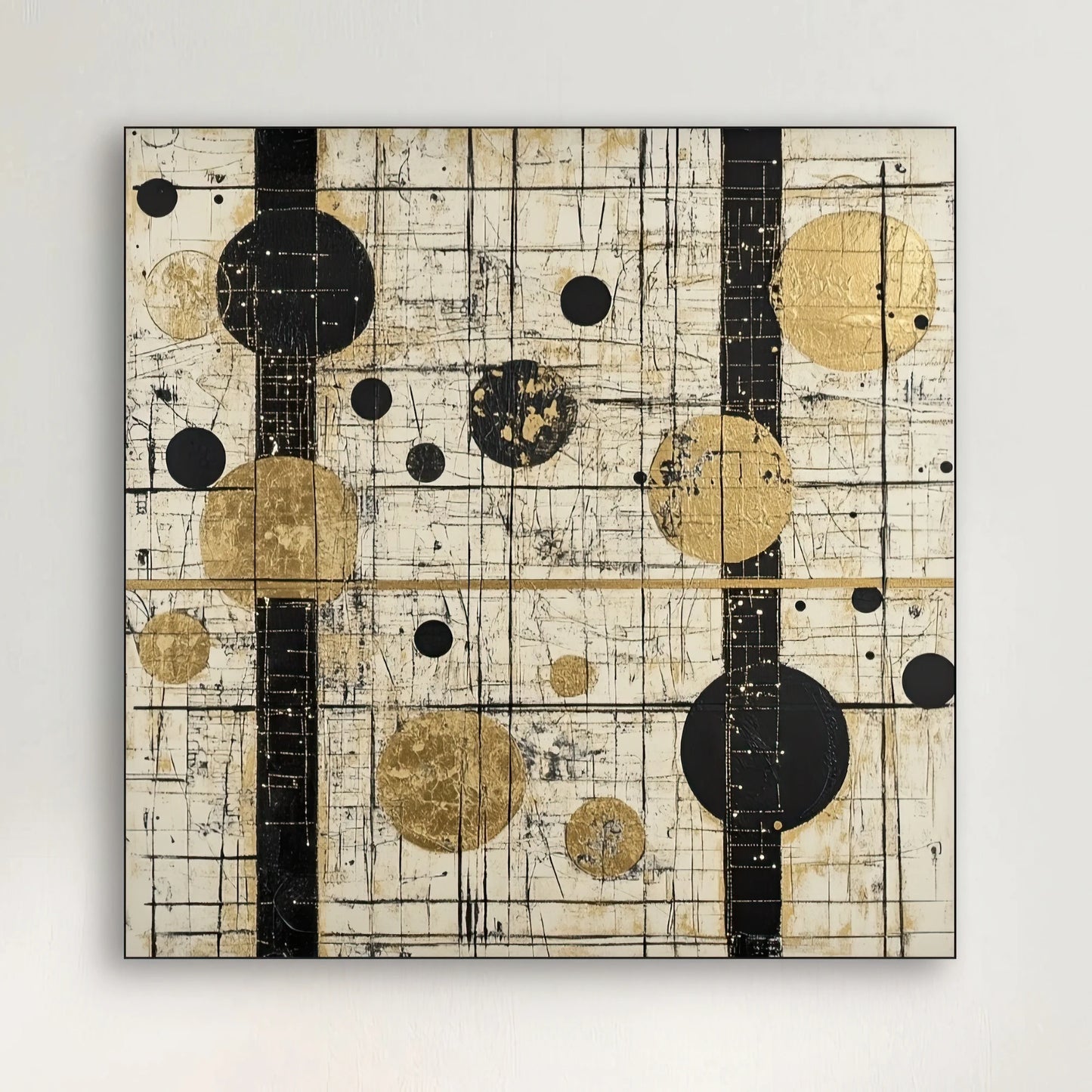 Detail van abstract rasterkunstwerk met cirkels in goudfolie en zwarte lijnen op lichte achtergrond
