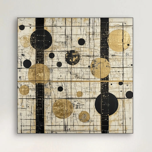 Detail van abstract rasterkunstwerk met cirkels in goudfolie en zwarte lijnen op lichte achtergrond
