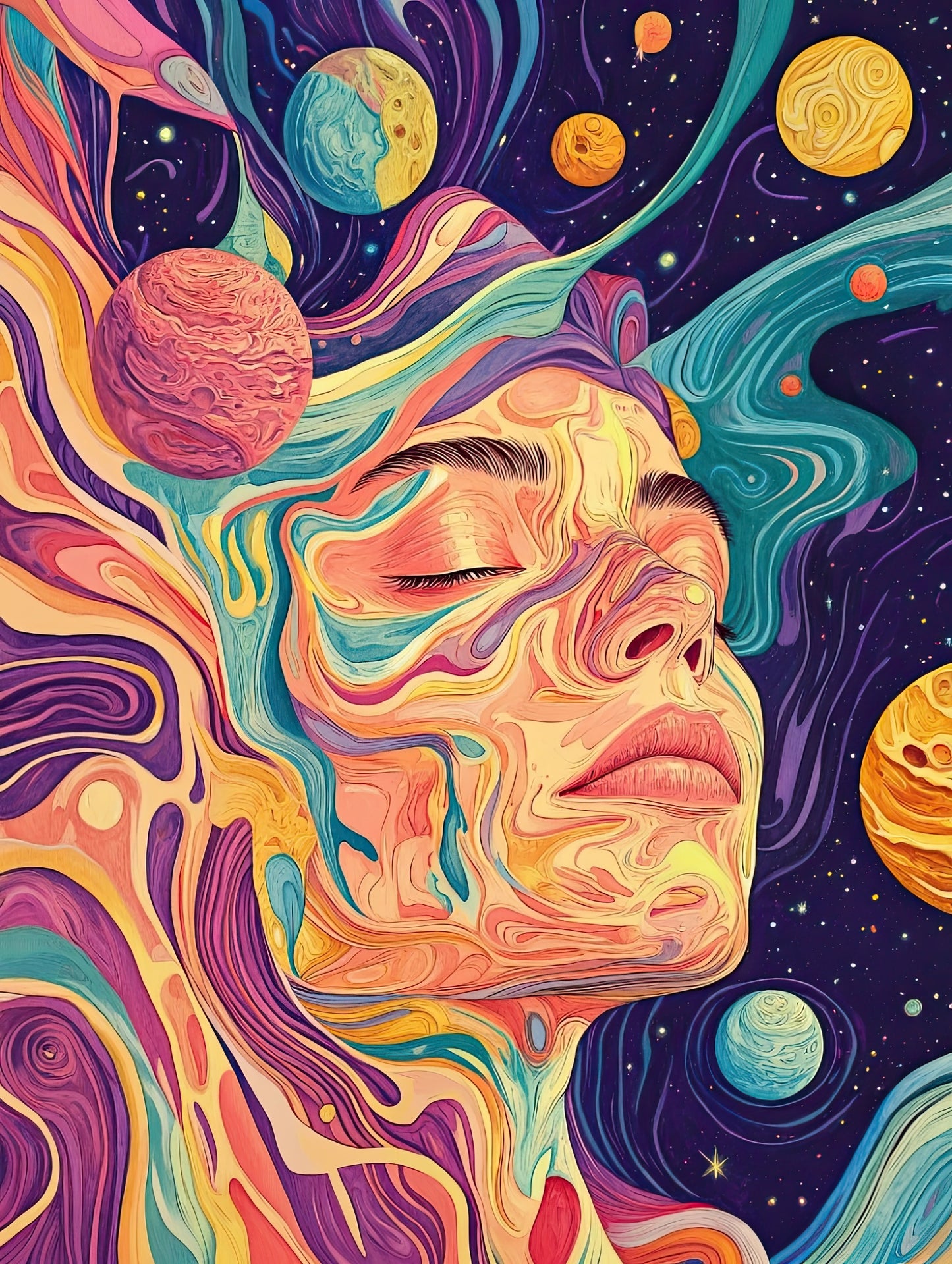 Volledige weergave van Kosmische Droom met vrouwengezicht tussen planeten en galactische kleuren  
