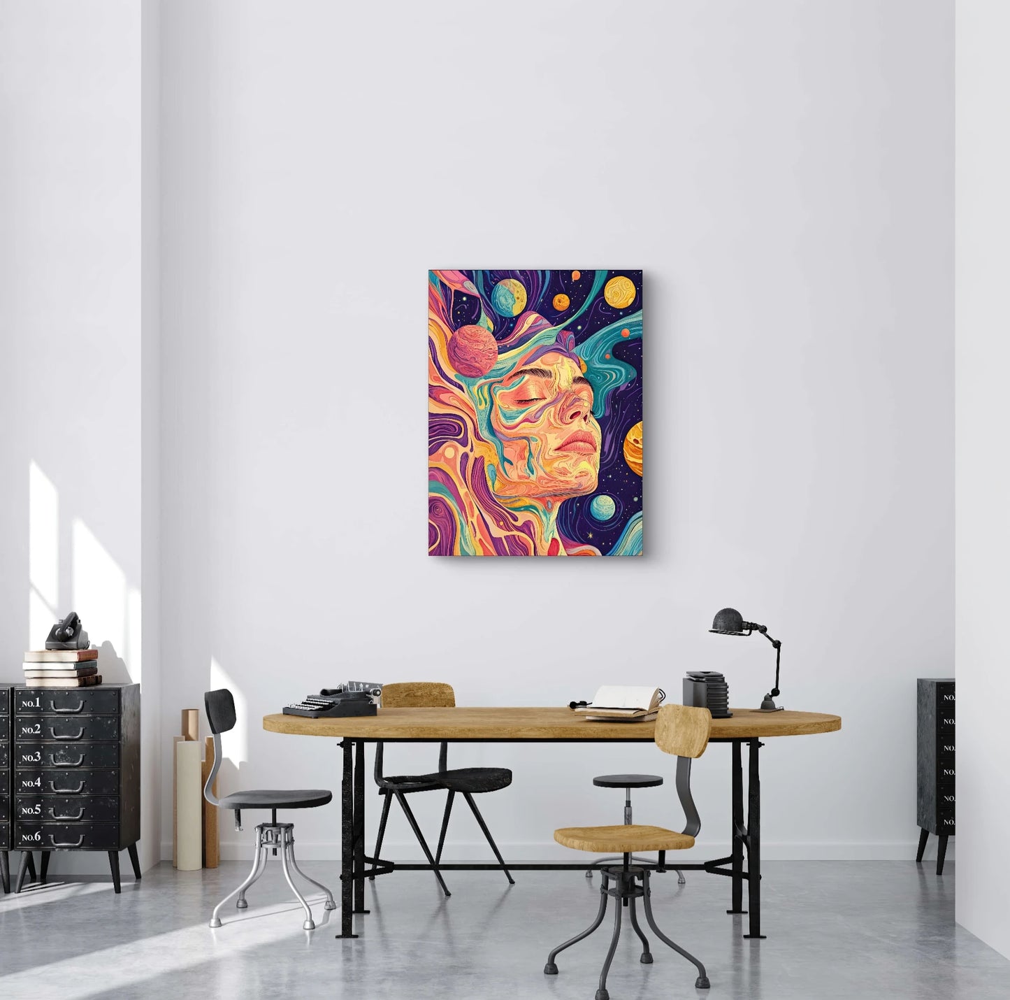 Textielkunstwerk Kosmische Droom boven een houten bureau in een creatieve werkruimte  
