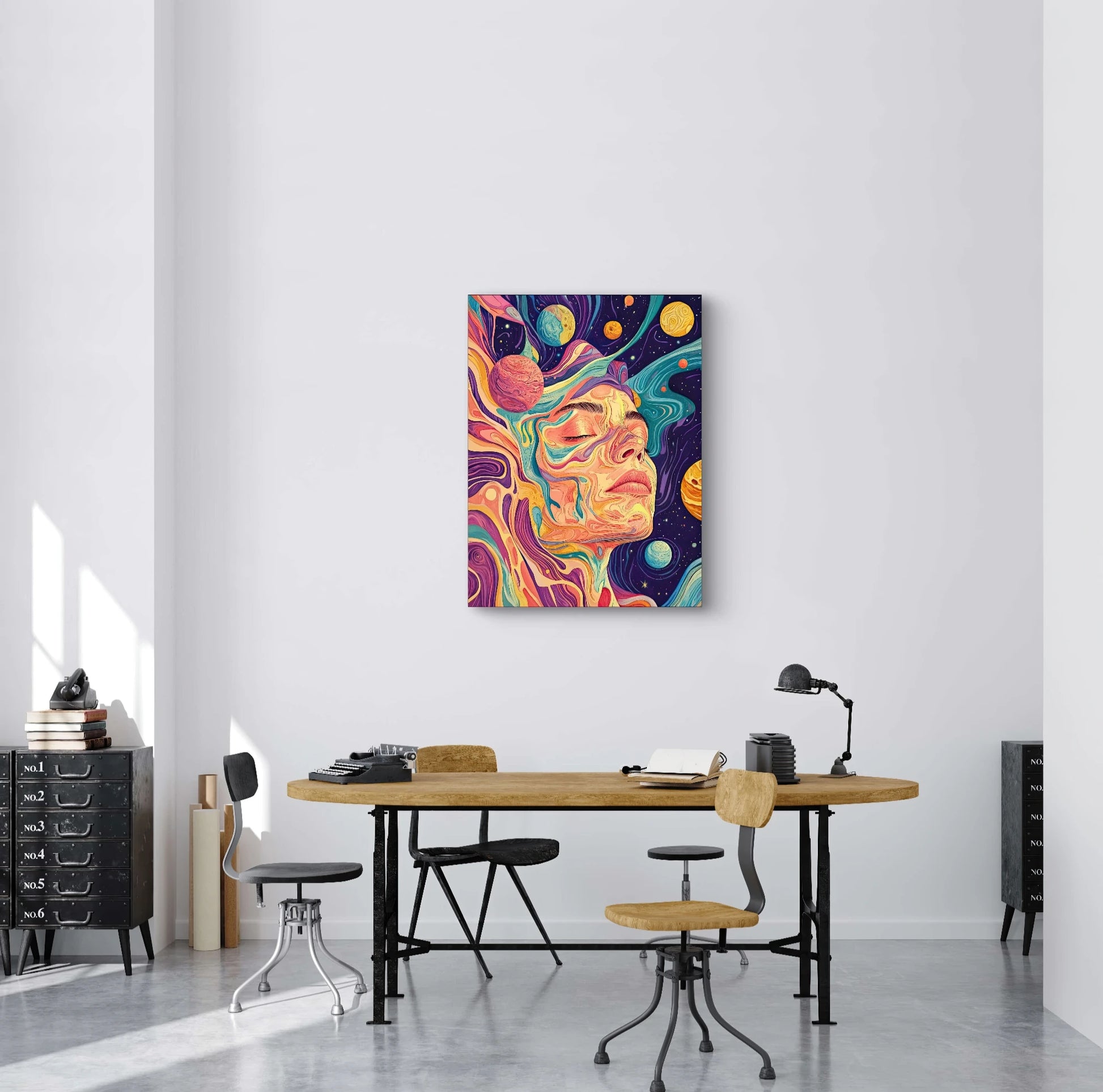 Textielkunstwerk Kosmische Droom boven een houten bureau in een creatieve werkruimte  
