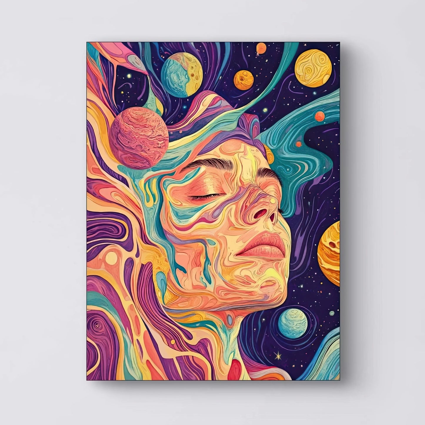 Detail van het gezicht en kleurrijke ruimte-elementen uit Kosmische Droom  
