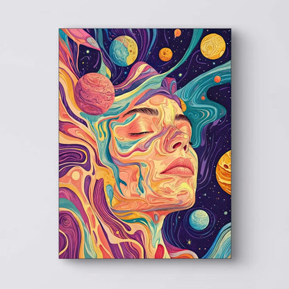 Detail van het gezicht en kleurrijke ruimte-elementen uit Kosmische Droom  
