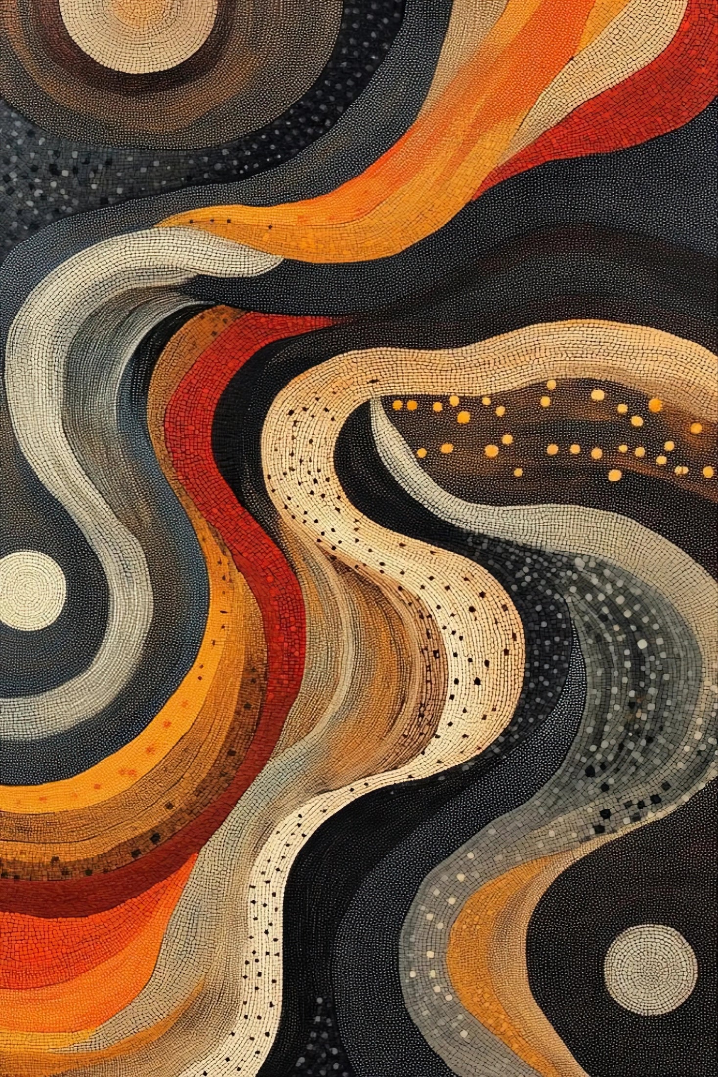 Volledige afbeelding van abstracte wanddecoratie met golvende patronen en dynamisch kleurgebruik
