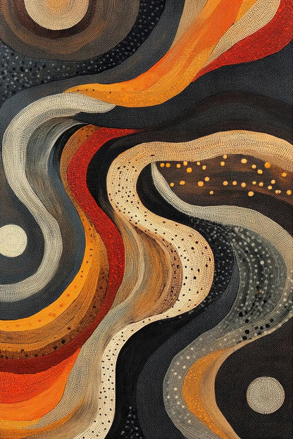 Volledige afbeelding van abstracte wanddecoratie met golvende patronen en dynamisch kleurgebruik
